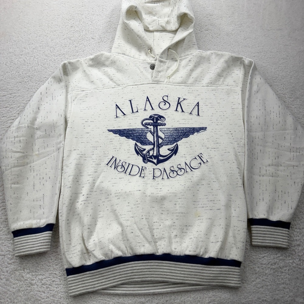 VTG Men's L Prairie Mountain Alaska Inside Passage Hoodie White Speckled Anchor